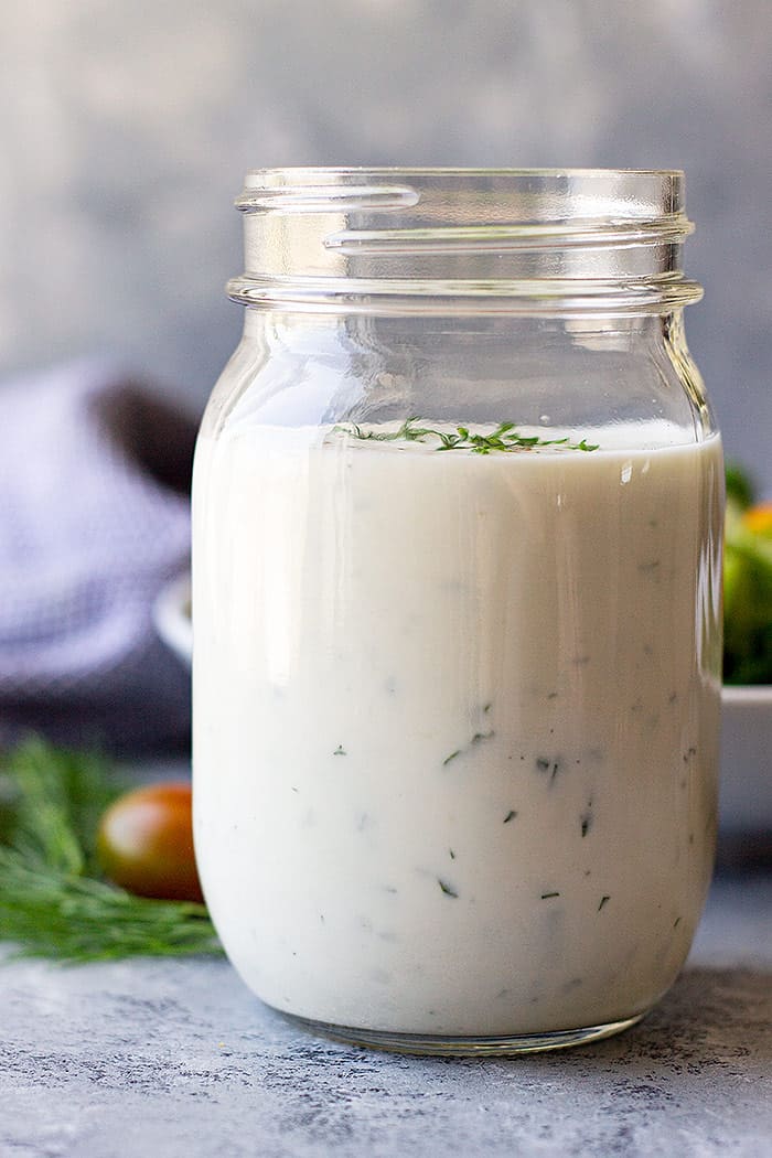A jar of homemade ranch dressing to complete this vegetable tray. 