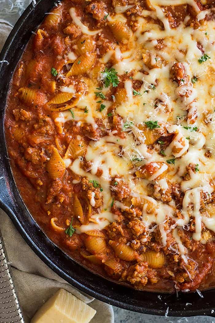 italian sausage pasta in a skillet