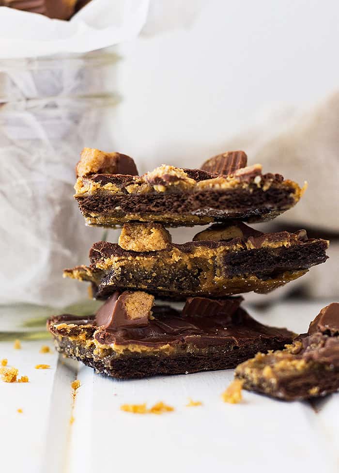 This Peanut Butter Cup Graham Cracker Toffee is crunchy, swirled with peanut butter, then topped with peanut butter cups! 
