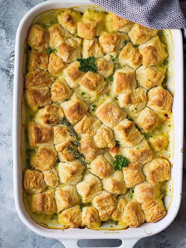 This homemade Chicken Pot Pie with Biscuits is a great way to use leftover chicken, turkey, herbs and veggies you may have hiding in the back of your fridge!