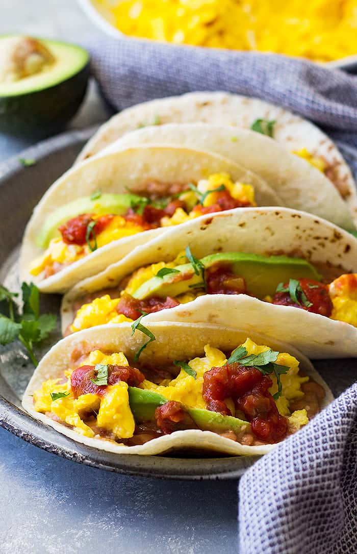 Close up of bean and cheese breakfast tacos. 