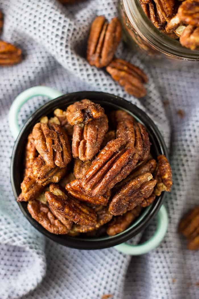 overhead shot of spicy candied pecans