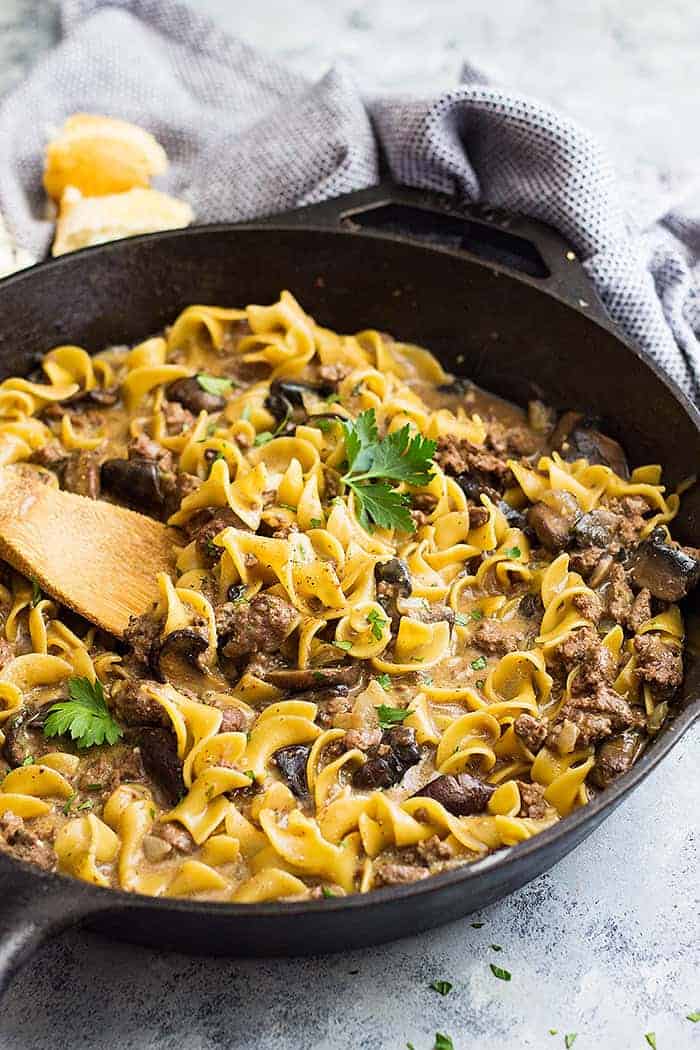 homemade hamburger helper stroganoff in skillet