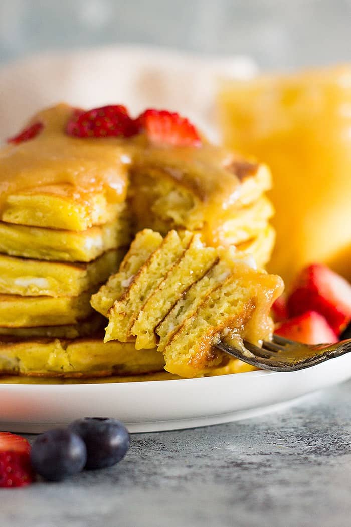 A bite of high protein cottage cheese pancakes on a fork.