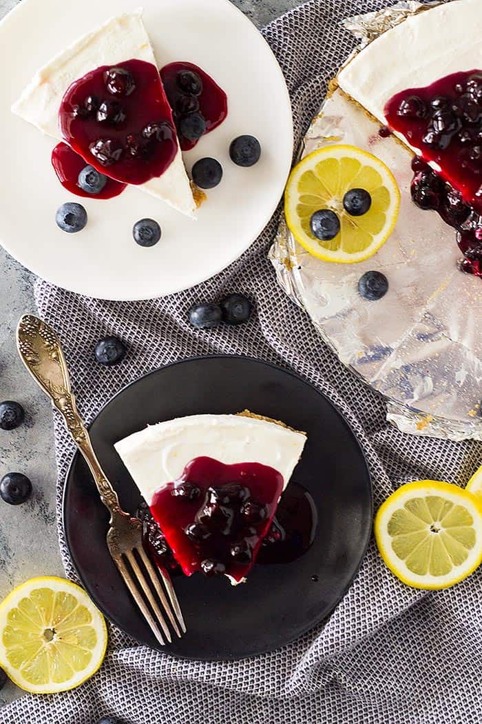 Top down view of slices of No Bake Lemon Blueberry Cheesecake.