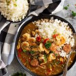 Slow Cooker Chicken, Sausage, and Shrimp Gumbo is a hearty, flavorful, and filling meal! It's easy to make thanks to the crockpot and it's freezer friendly!