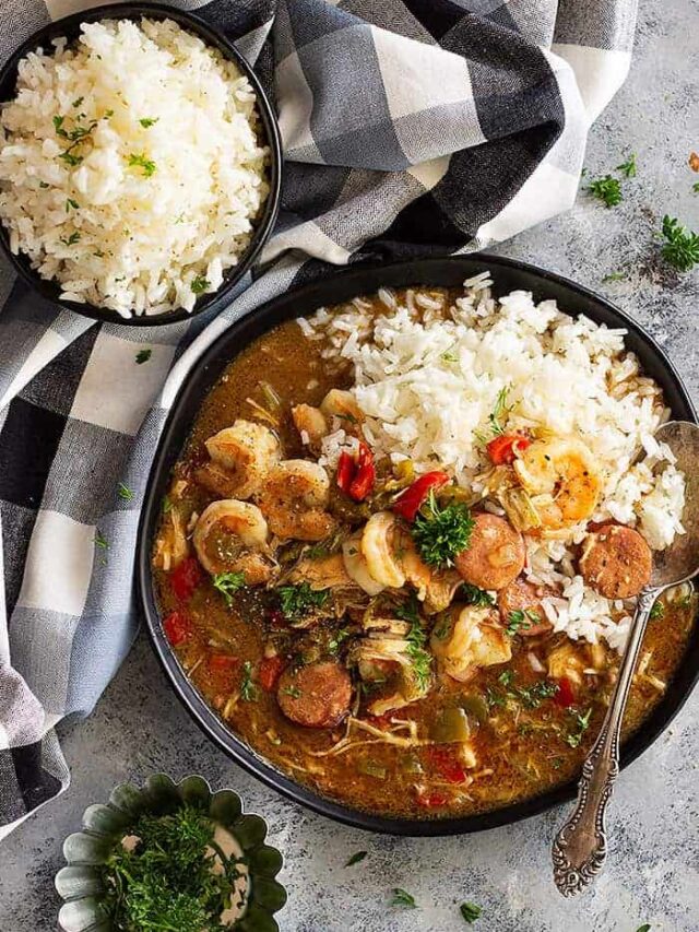 Slow Cooker Chicken, Sausage, and Shrimp Gumbo is a hearty, flavorful, and filling meal! It's easy to make thanks to the crockpot and it's freezer friendly!