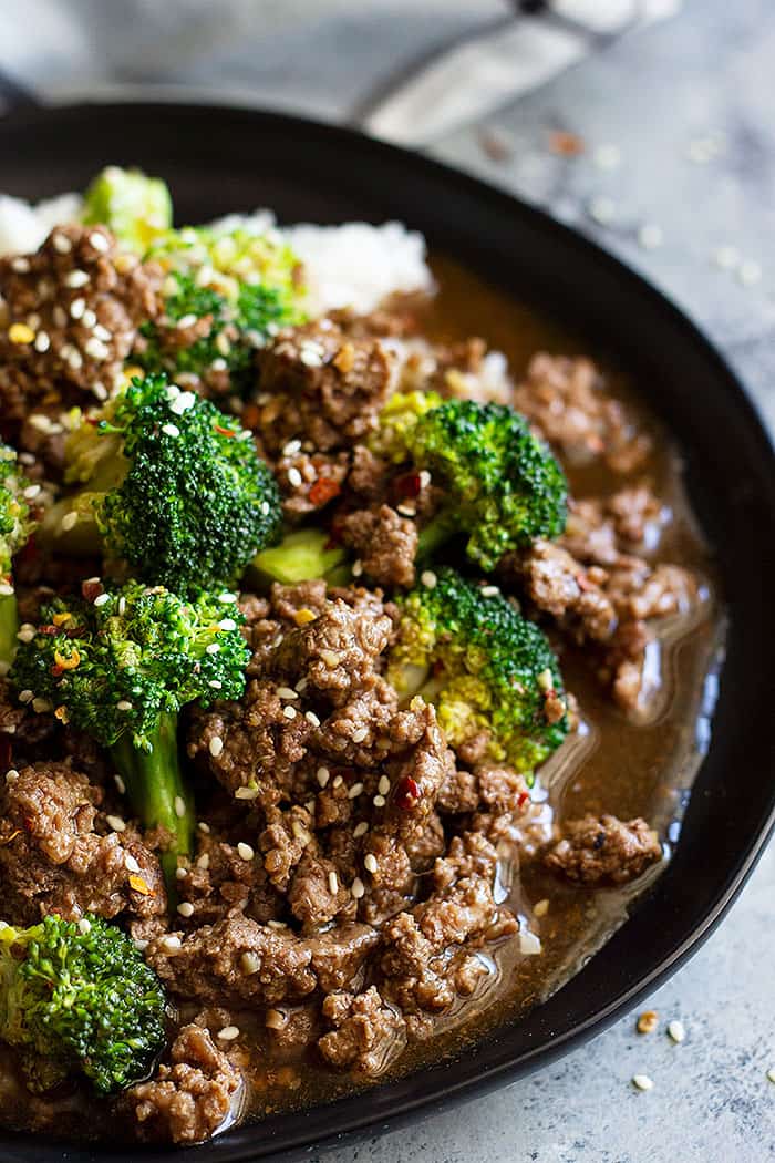 close up of broccoli and beef stir fry in a skillet