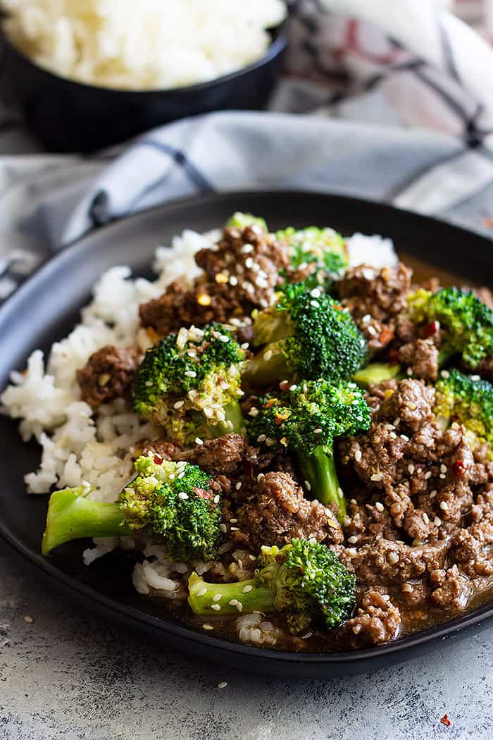 ground beef broccoli in a pan ready to serve