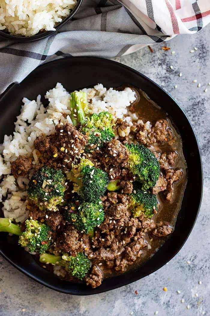 Healthy beef and broccoli recipe in a skillet