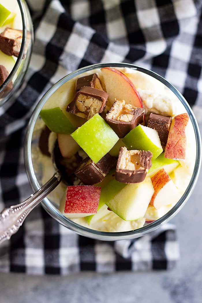 This Snickers Apple Salad is a super easy dessert salad that's great to take to potlucks, picnics, and family gatherings! It's guaranteed to be the first to go! #apple #easyrecipe #dessert #coolwhip 