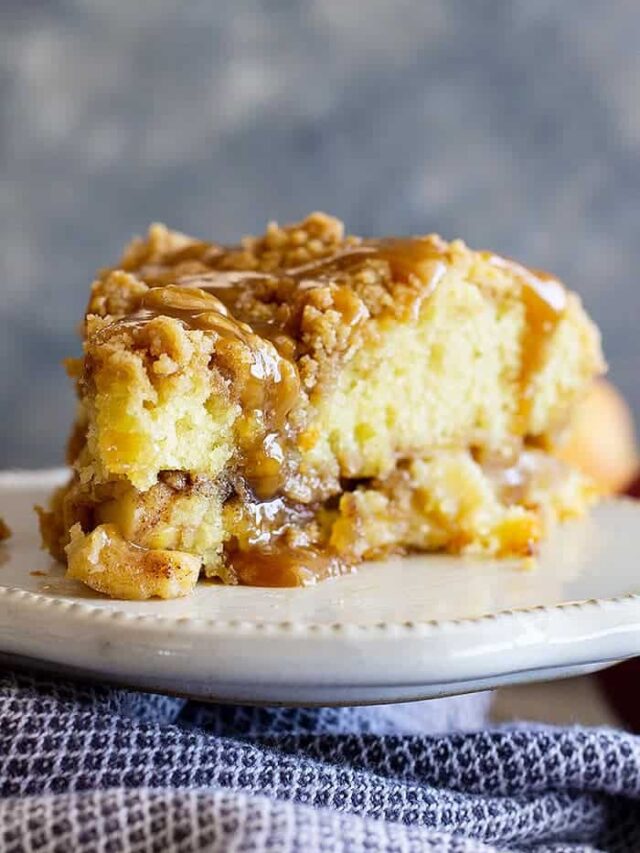 This Apple Crumb Cake is the perfect fall treat! It's filled with spiced apples, an extra thick crumb layer, and a tender cake. Drizzle with an easy homemade caramel sauce for the perfect treat!