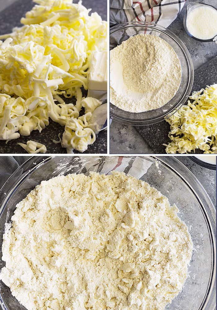 Grated butter on the counter, bowl of flour, and bowl of flour combined with grated butter. 