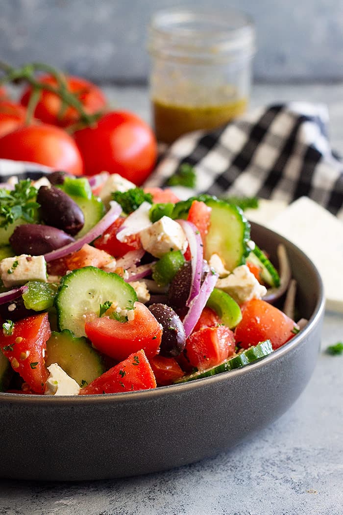 Close up of Greek Salad in a large bowl. 