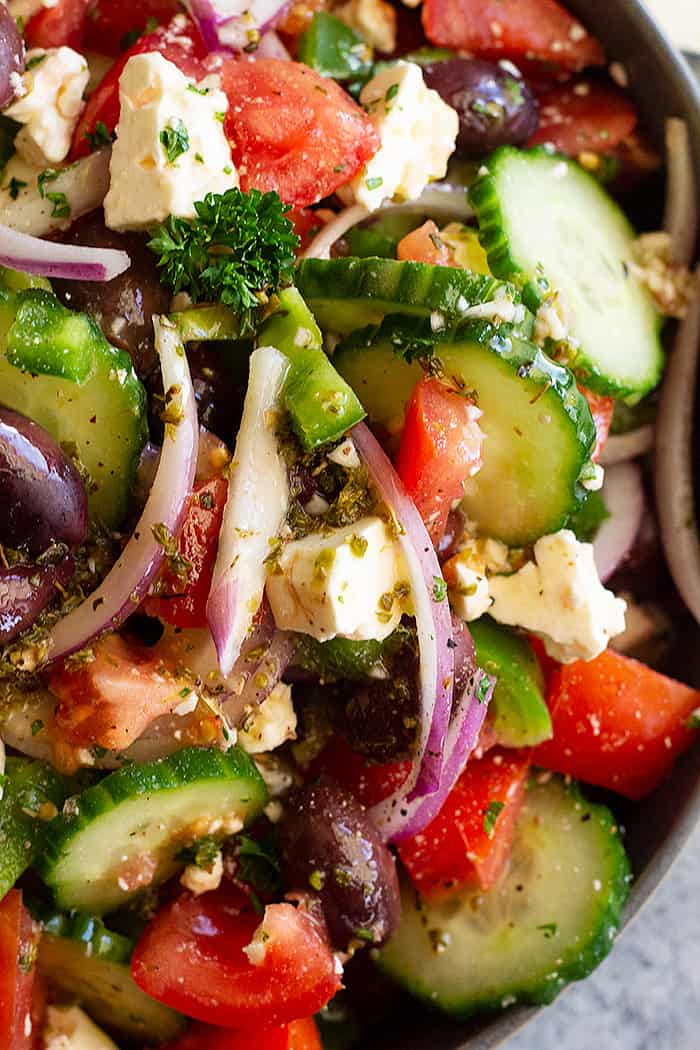 A top down view of Greek salad. 