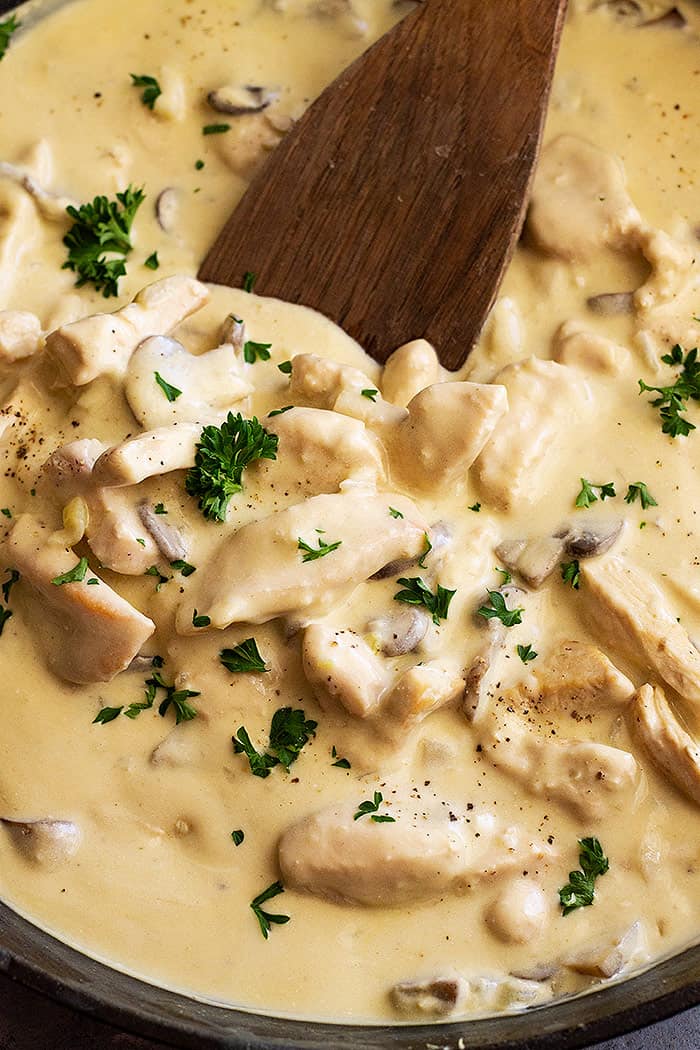 Chicken stroganoff garnished with chopped parsley and black pepper with a spoon. 