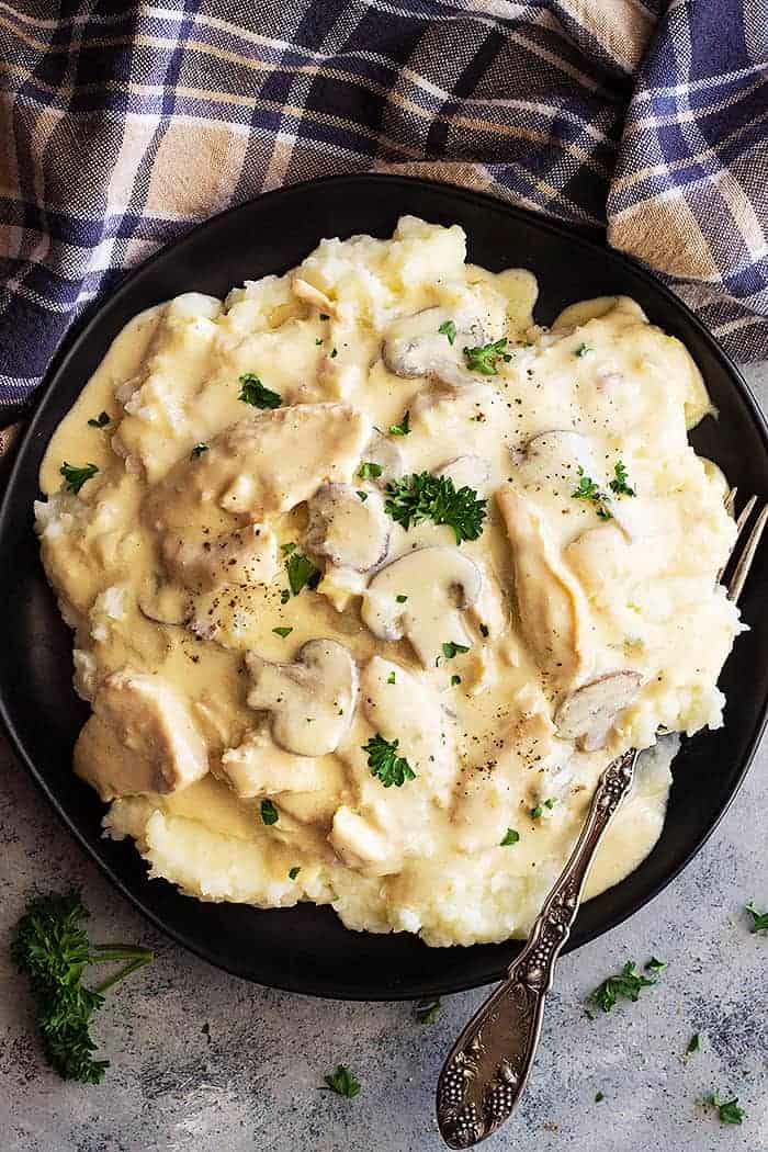 A top down view of a large plate of chicken stroganoff over mashed potatoes. 