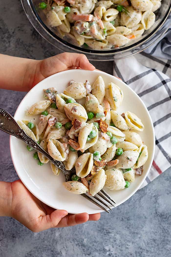 Two hands holding a plate of pasta salad with a fork off to the side. 