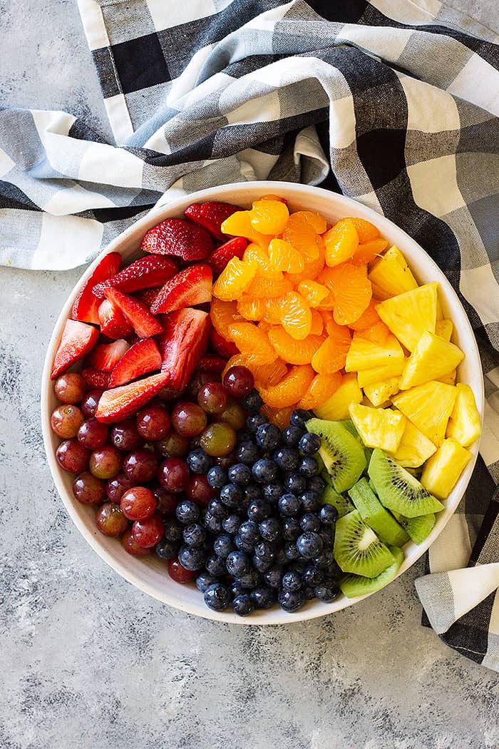 Looking down on a big rainbow inspired bowl of fruit. 