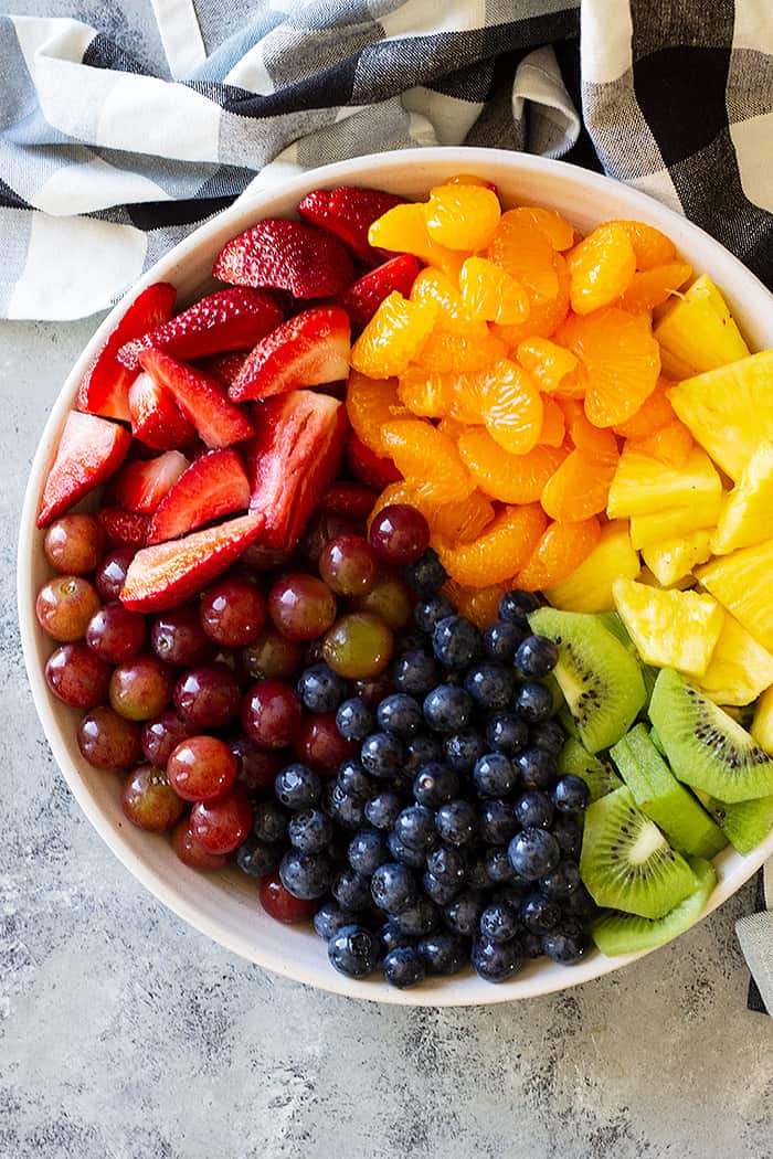 Close up of fresh fruit in a bowl arranged in the color of a rainbow.