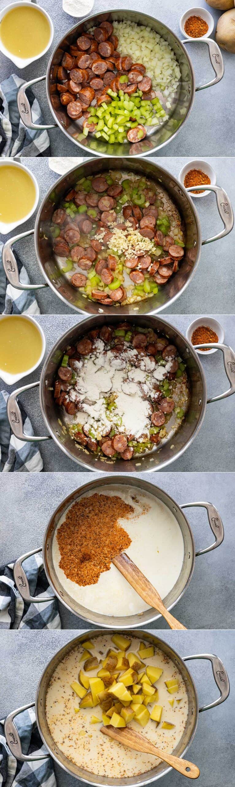 Five pictures showing how to make the soup. Sautéing the vegetables and sausage, adding the garlic, stirring in the flour, stirring in the broth, milk, cream, and seasoning, and then adding in the potatoes.