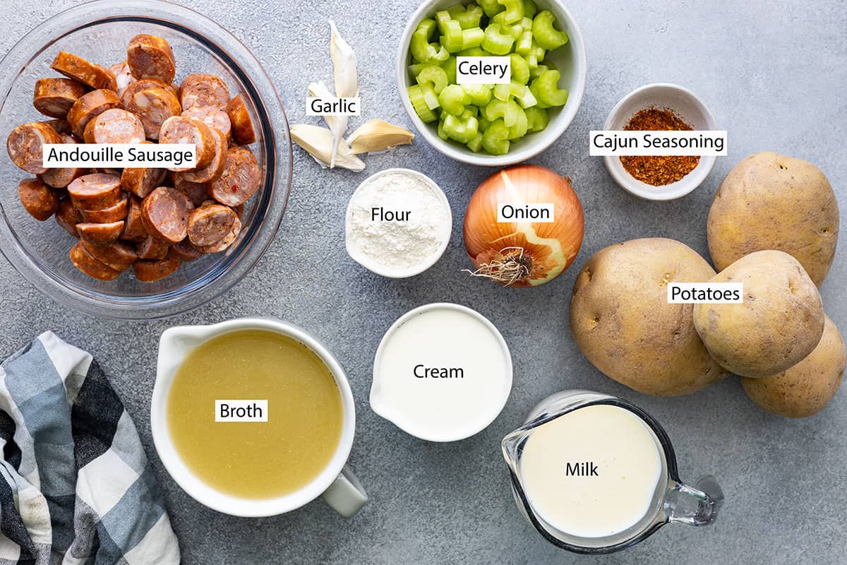 Ingredients: andouille, garlic, celery, onion, flour, cajun seasoning, potatoes, broth, cream, and milk.