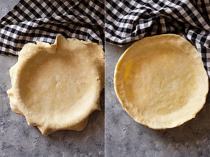 Pictures of pie dough being fitted into a pie plate. 