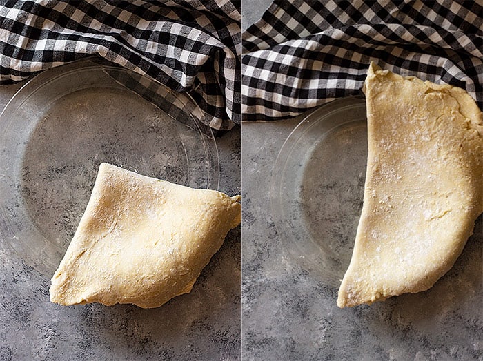 Pictures of pie dough being unfolded into a pie plate. 
