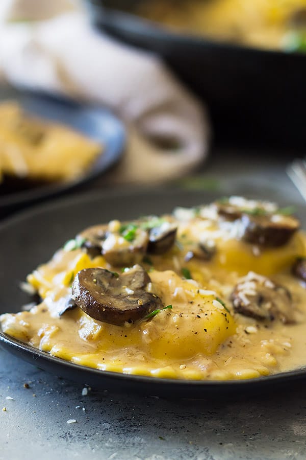 side view of mushroom ravioli