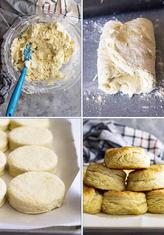 Wet dough in bowl, dough patted and folded on counter, biscuits cut out before baking, and finished biscuits. 