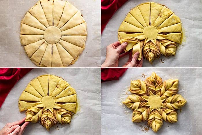 Pictures showing how to twist the bread to form the snowflake.