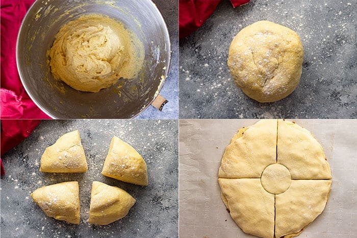 Pictures showing steps on how to prepare the dough for the brioche cinnamon snowflake. 