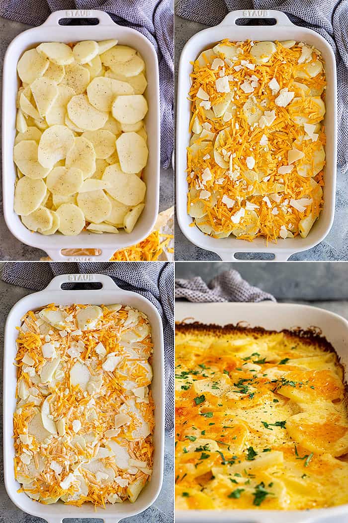 Pictures of completed au gratin potatoes ready to be baked and fresh out of the oven.