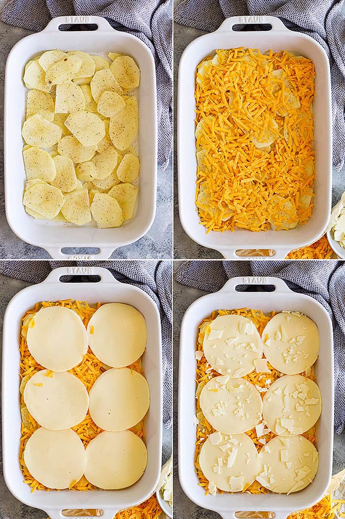 Pictures of layering of au gratin potatoes. 
