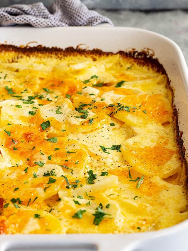 A large white dish with potatoes au gratin and garnished with parsley.