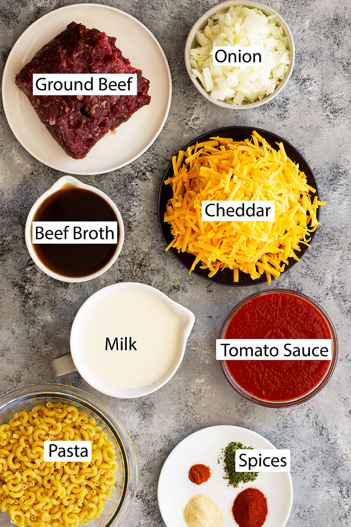 Ingredients needed to make homemade hamburger helper.