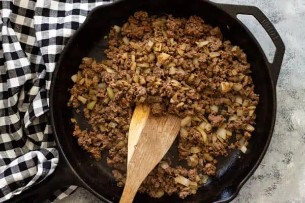 Overhead view of browned ground beef.