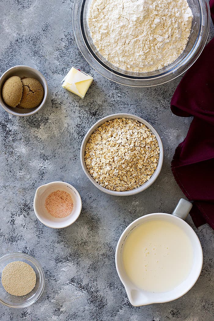 Ingredients for oatmeal sandwich bread. 