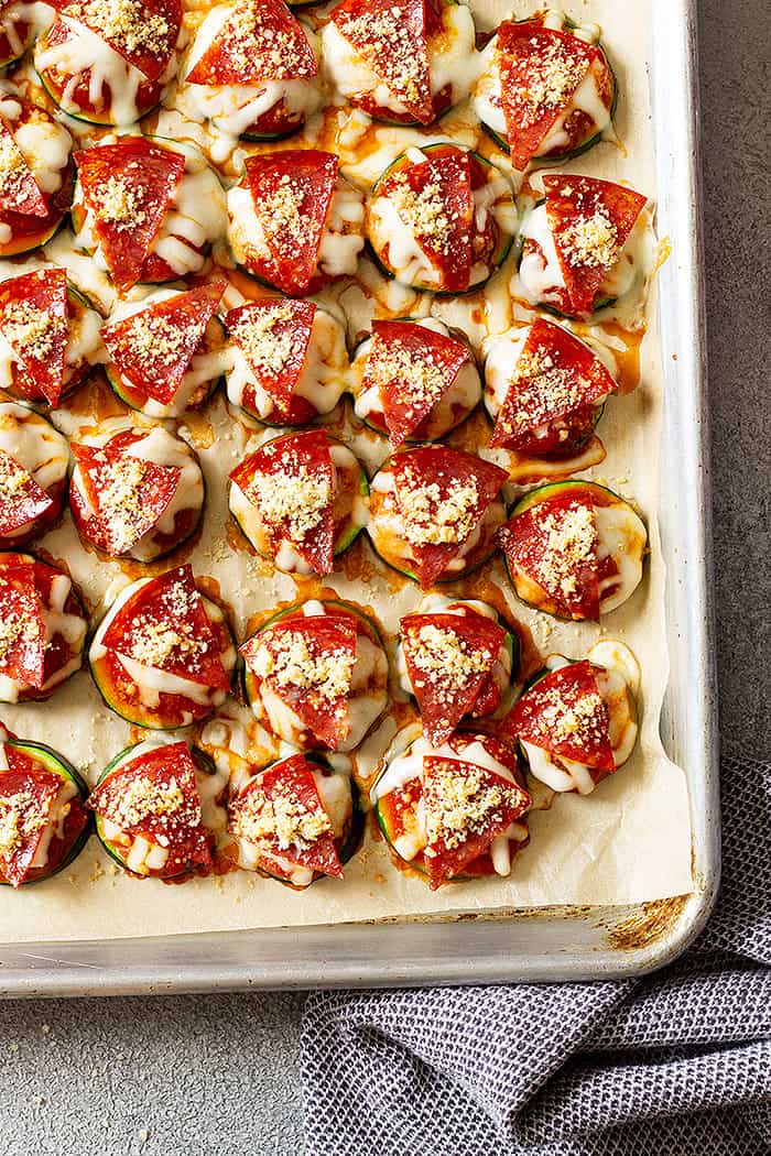 Top down view of pizza bites on a baking sheet.