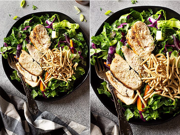 Top down view of 2 pictures of Asian Chicken Salad. Topped with a sprinkle of sesame seeds and chow mein noodles. 