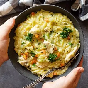 Hands holding a bowl of chicken orzo with a spoon in it.