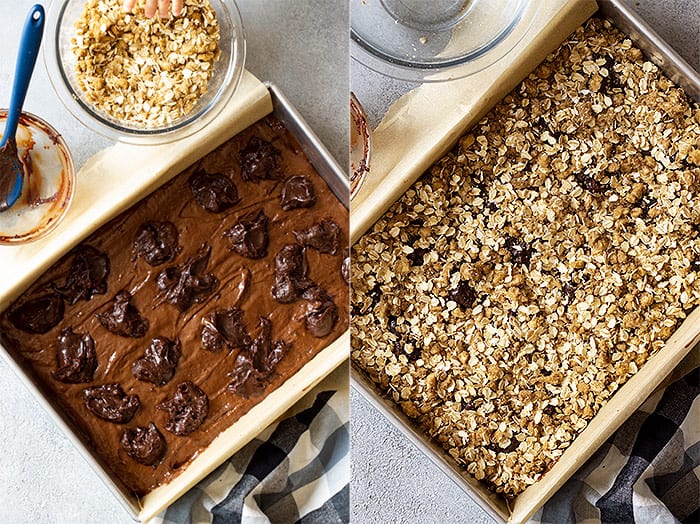 Dollops of fudge on top of the cake then sprinkling with oat mixture before baking. 