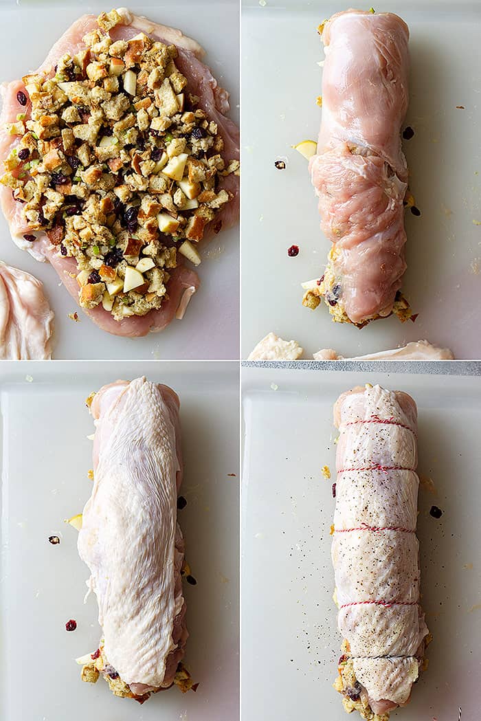 Four pictures showing how to stuff and roll the turkey breast.