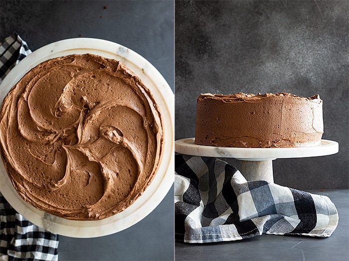 Two pictures of a finished chocolate cake frosted with chocolate frosting. An overhead view is showing the pretty swirls in the frosting. 
