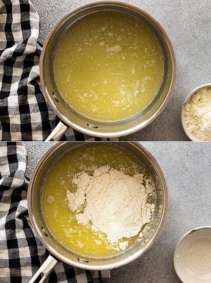 Two photos showing the start; melting the butter, then adding in the flour. 