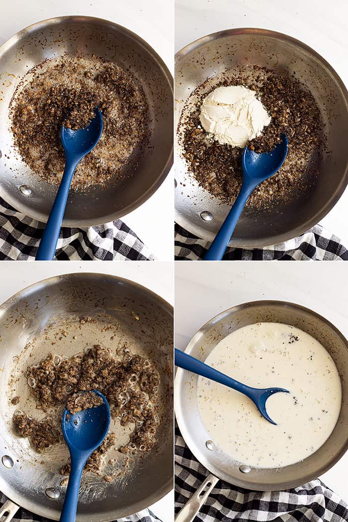 Four pictures showing the steps to make cream of mushroom soup.