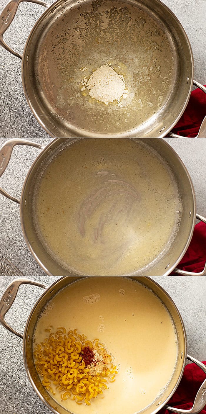 Three pictures showing how to make a roux then adding in the liquids and then the pasta. 