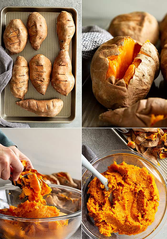 Four pictures showing the sweet potatoes cooked on a baking sheet, sliced open to cool, scooping the pulp out into a bowl, and mixing the ingredients in a bowl.