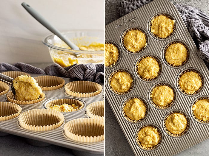 Two pictures showing how to fill the muffin tin.