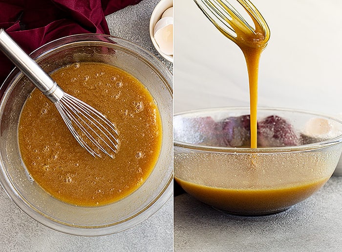 Two pictures showing the thickness of the batter before adding the dry ingredients. 